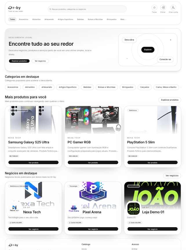 Full vertical Or-by public application home showing product and local business discovery