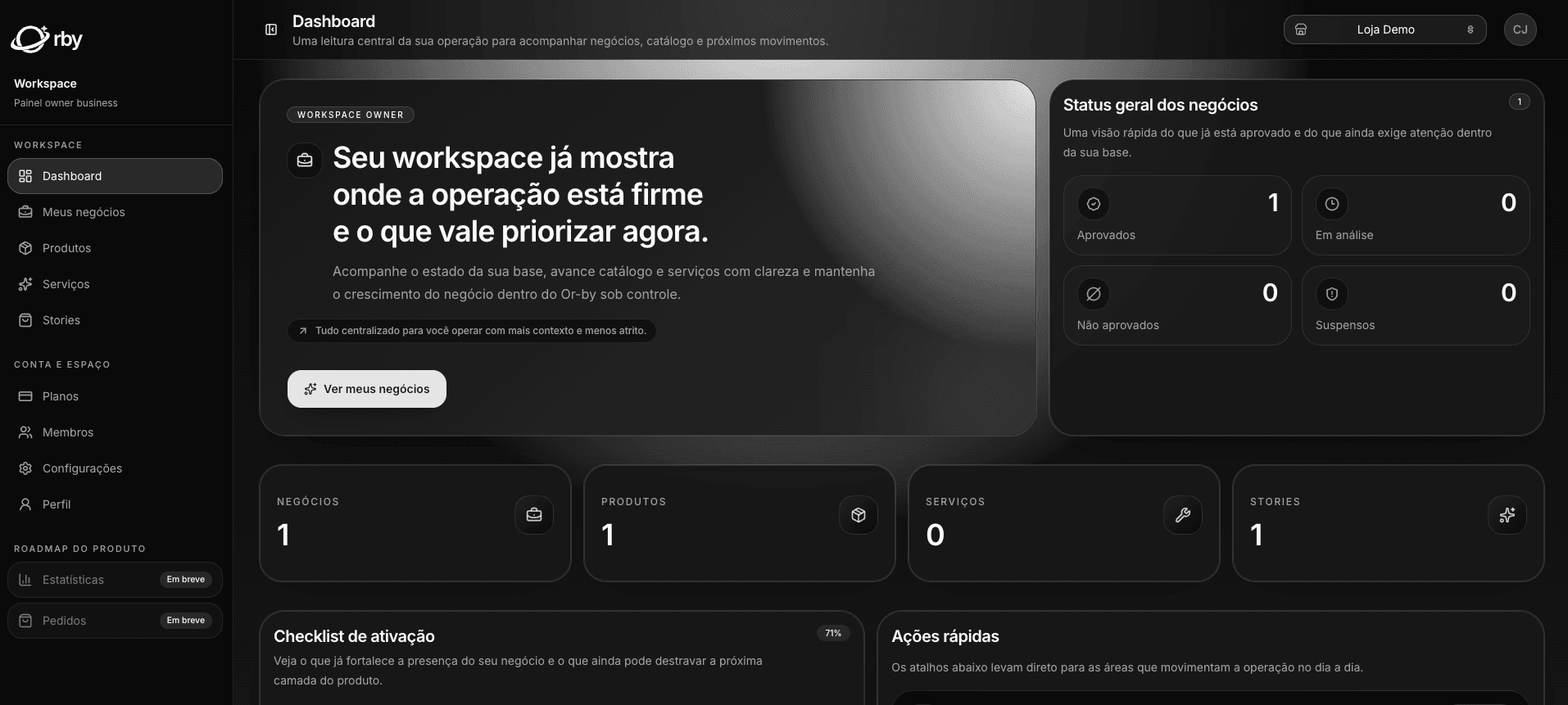 Or-by business owner hub dashboard showing the management overview